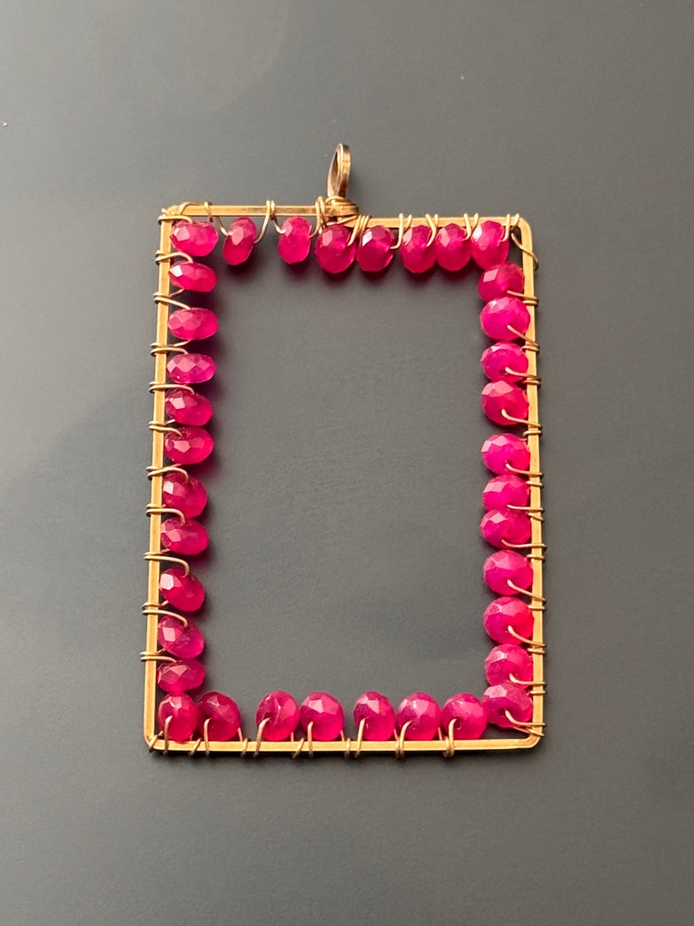Gold-fill “Dog Tag” Rectangular Pendant with Fuchsia Beads